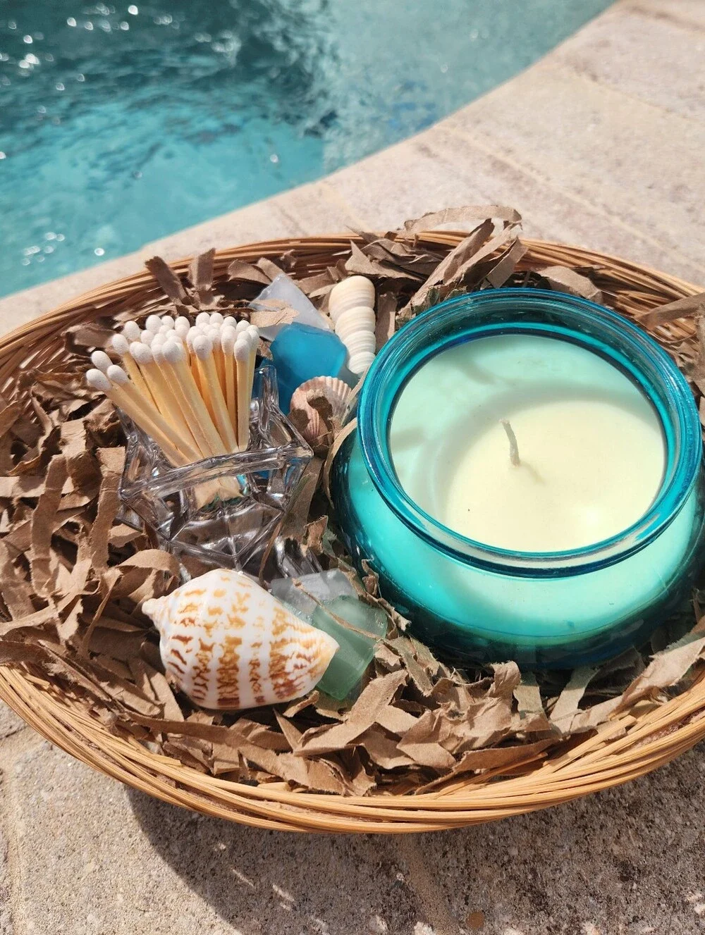 Coastal Decor Aqua Glass Candle Upcycled Vintage Matchstick Holder In Basket - Picture 2 of 5